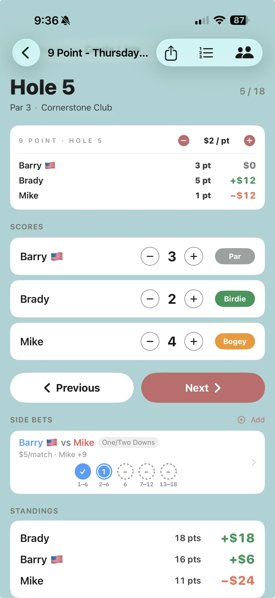 A 9 Point round in SuperWolf: points and money per hole, live standings, and a side bet running underneath