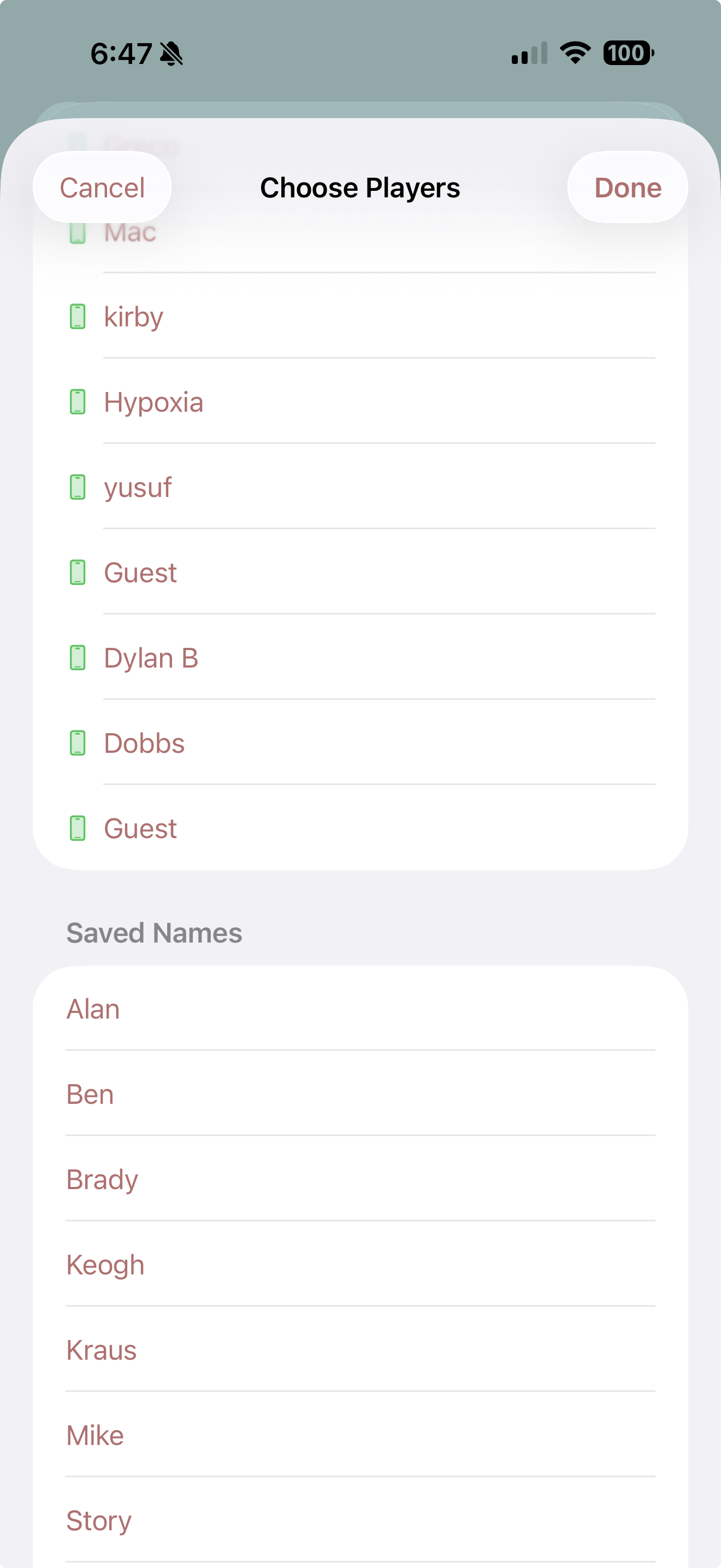 The Choose Players picker with linked app players and saved names