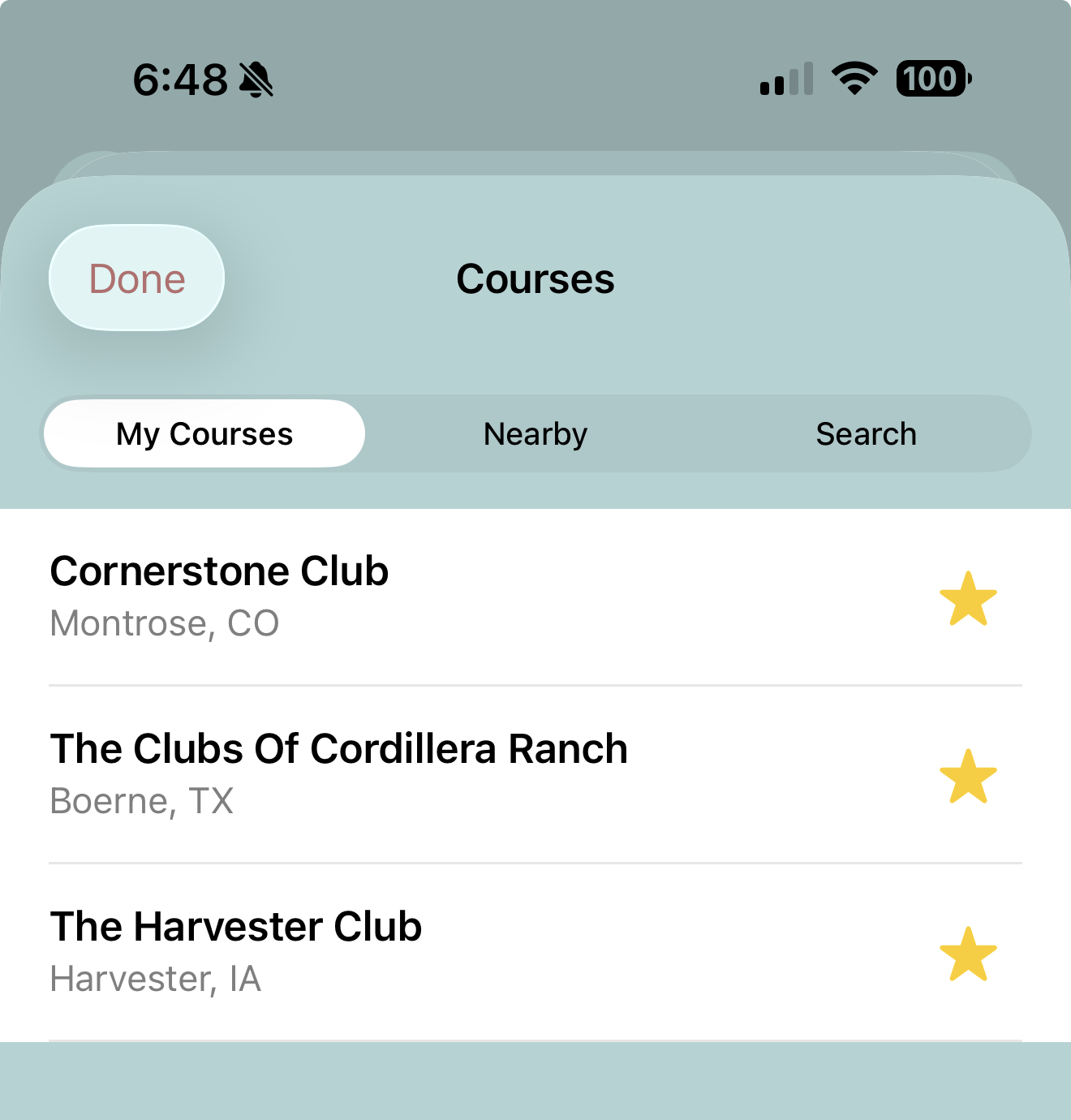 The course picker: My Courses, Nearby, and Search