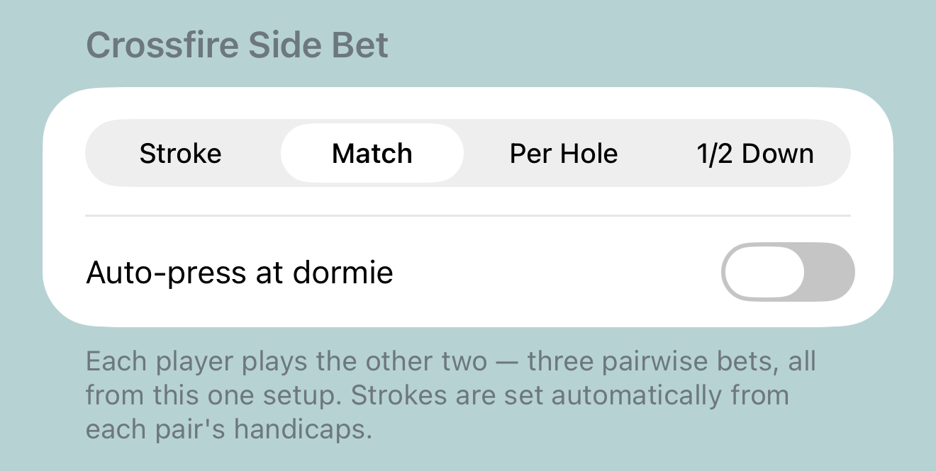 Crossfire settings: bet format segmented control and auto-press at dormie