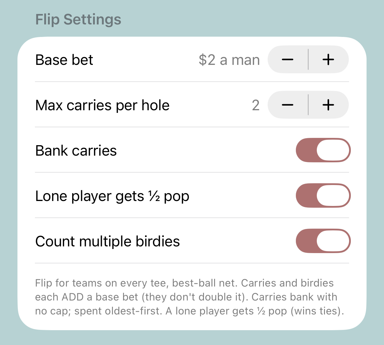 Flip settings: base bet, carries, lone player half pop, multiple birdies