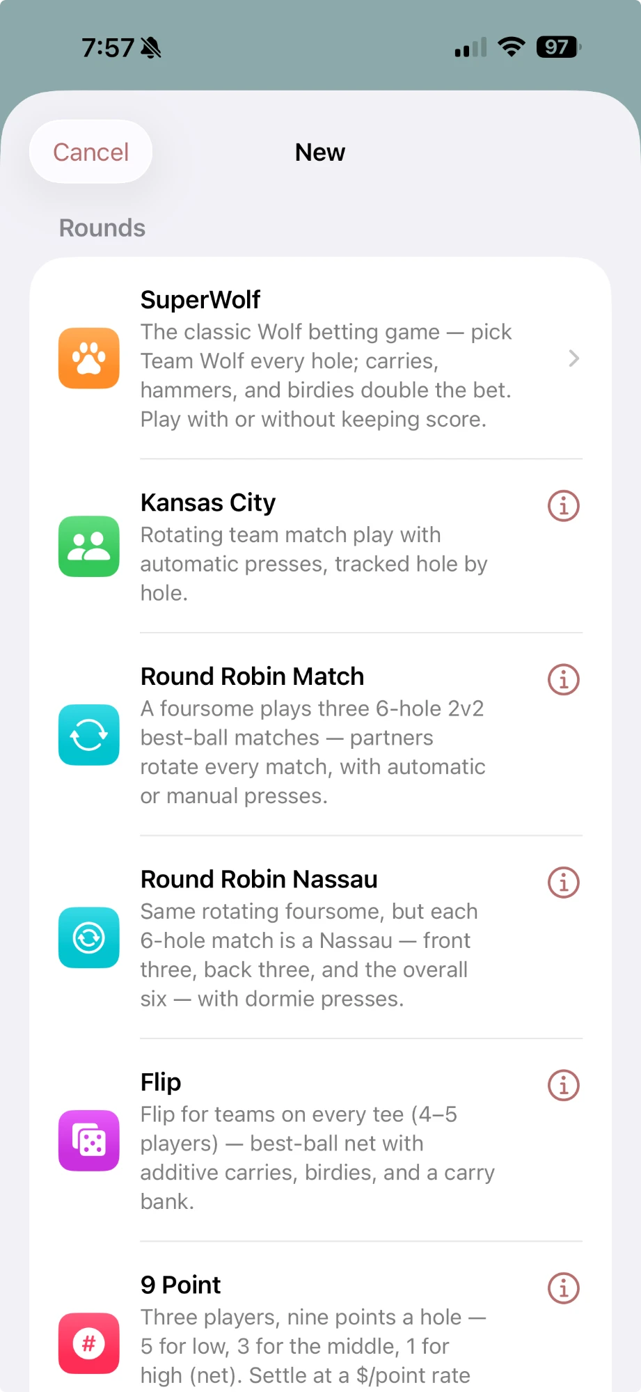The game picker: every round type on one list