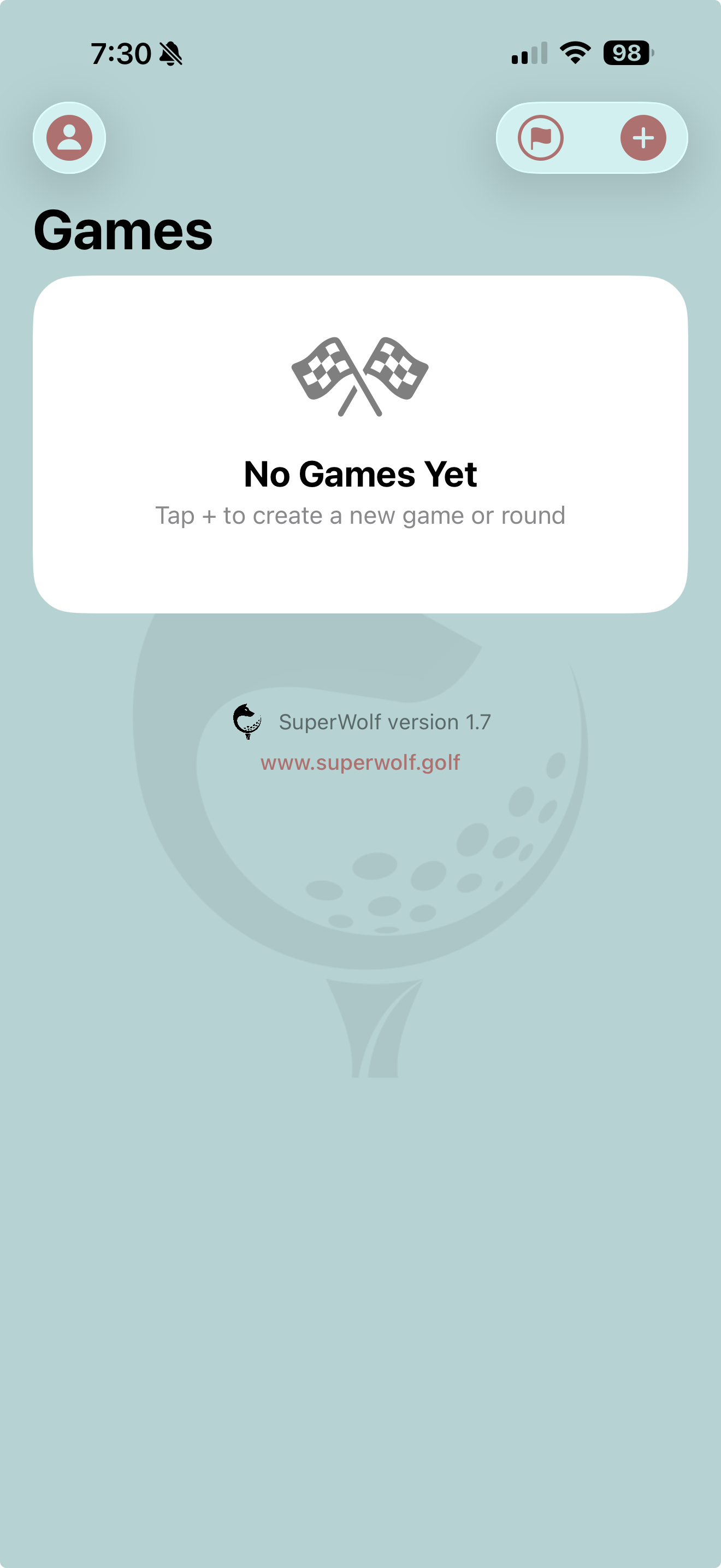 The empty games list — tap plus to create a game or round