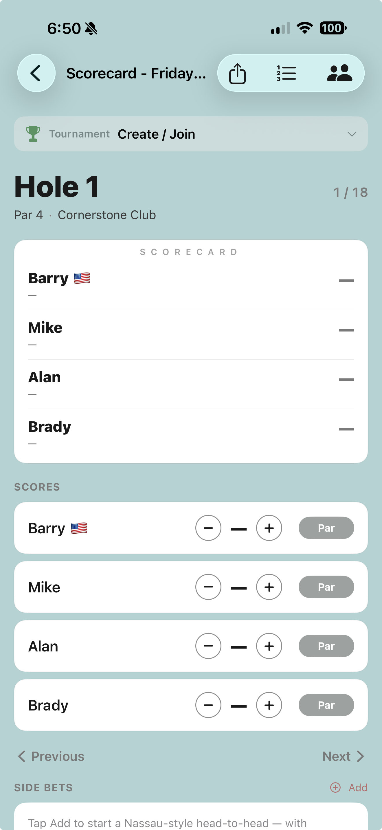 The hole entry screen: scorecard, score steppers, par button, side bets