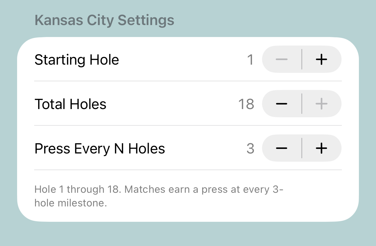 Kansas City settings: starting hole, total holes, press cadence