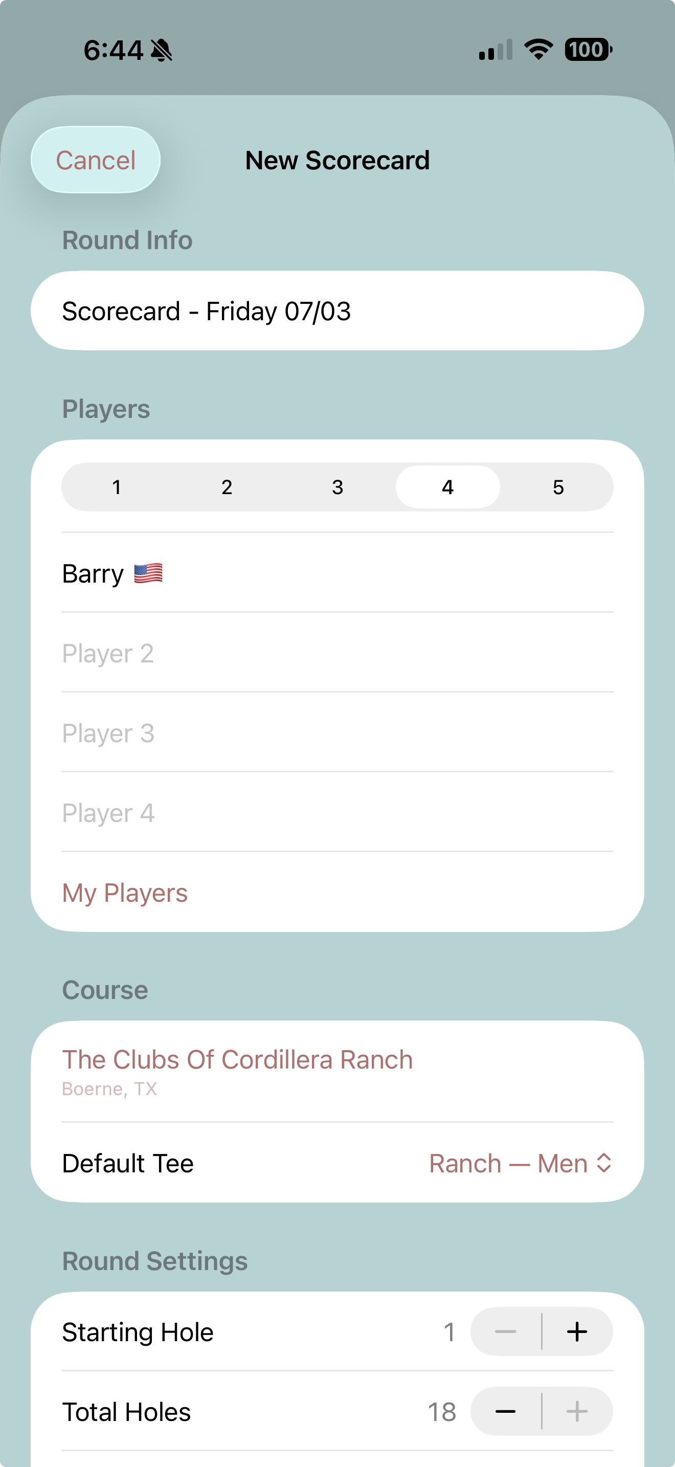 The New Round setup screen