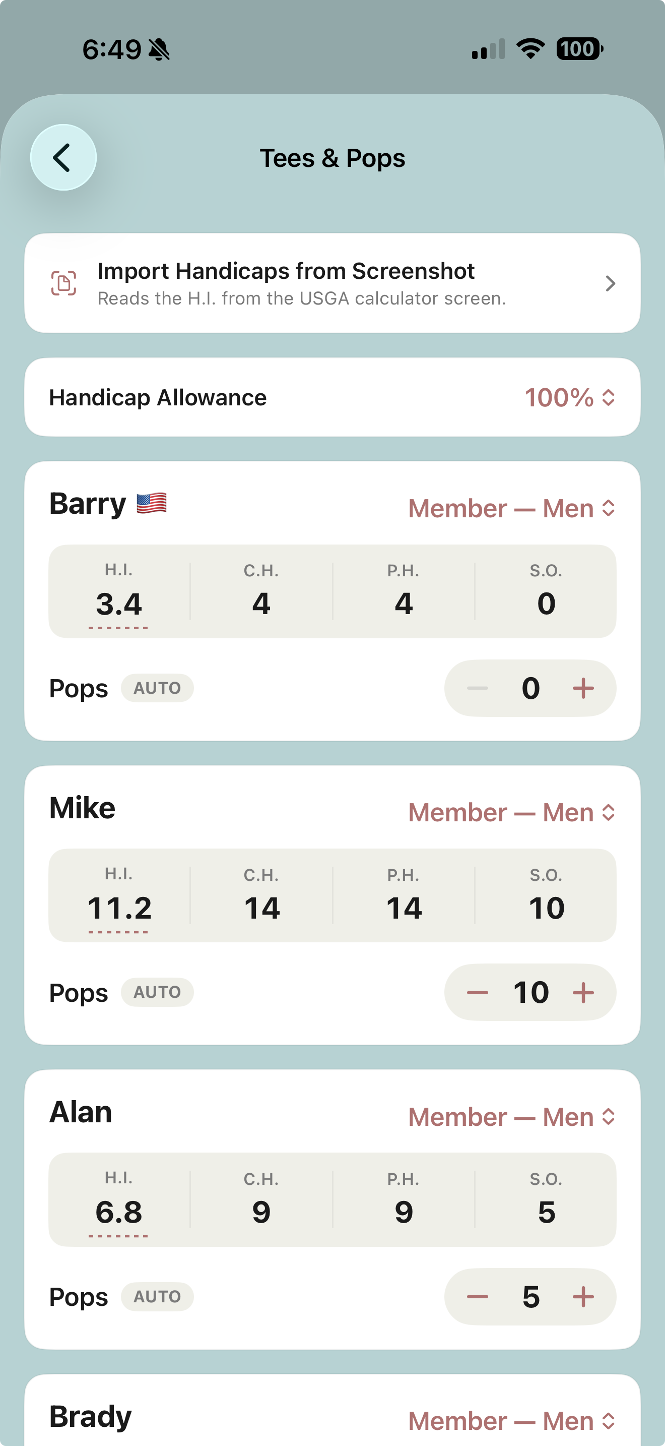 Tees and Pops: per-player tee, handicap index, course handicap, playing handicap, strokes off