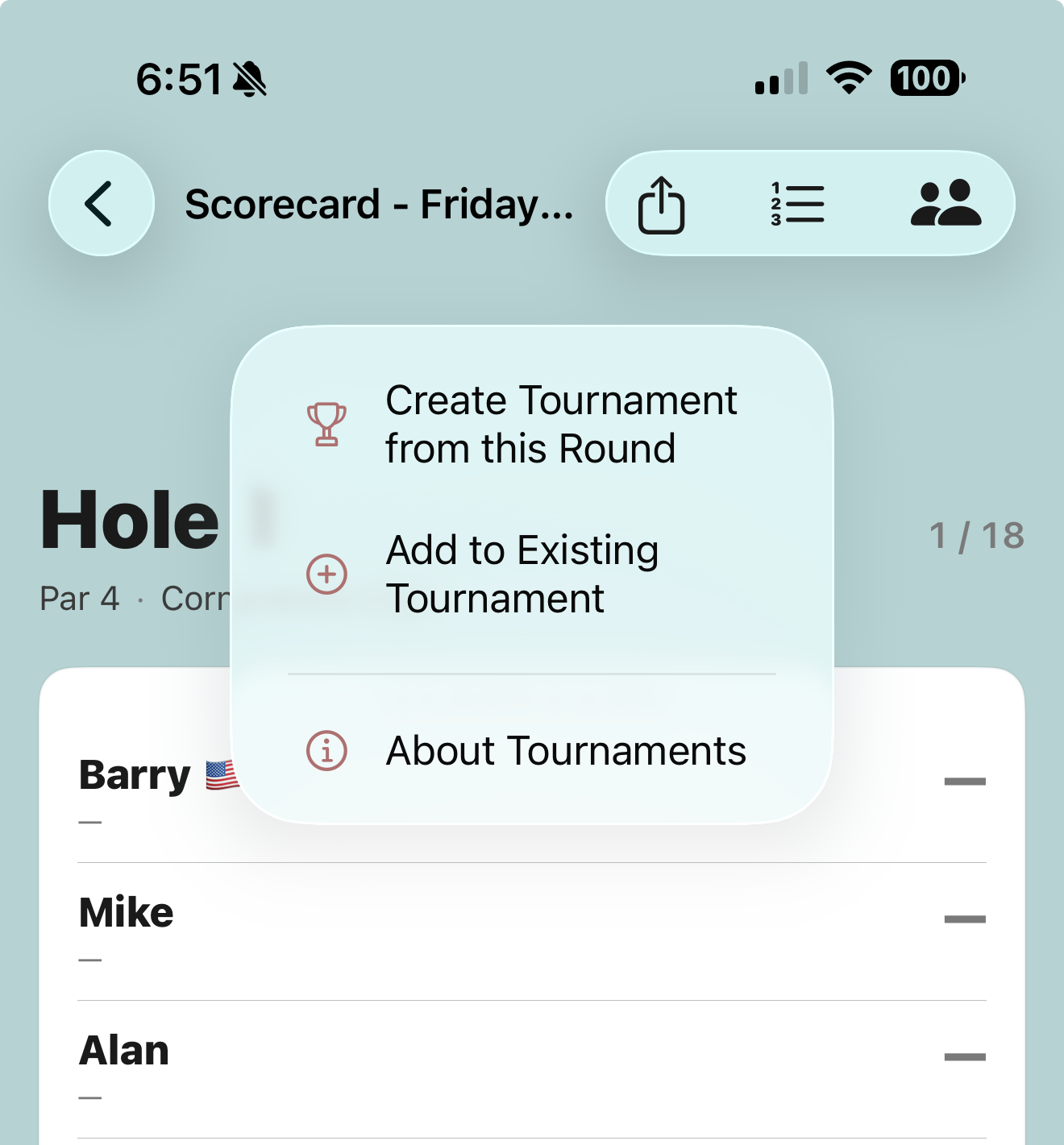 The tournament menu: create from this round or add to existing