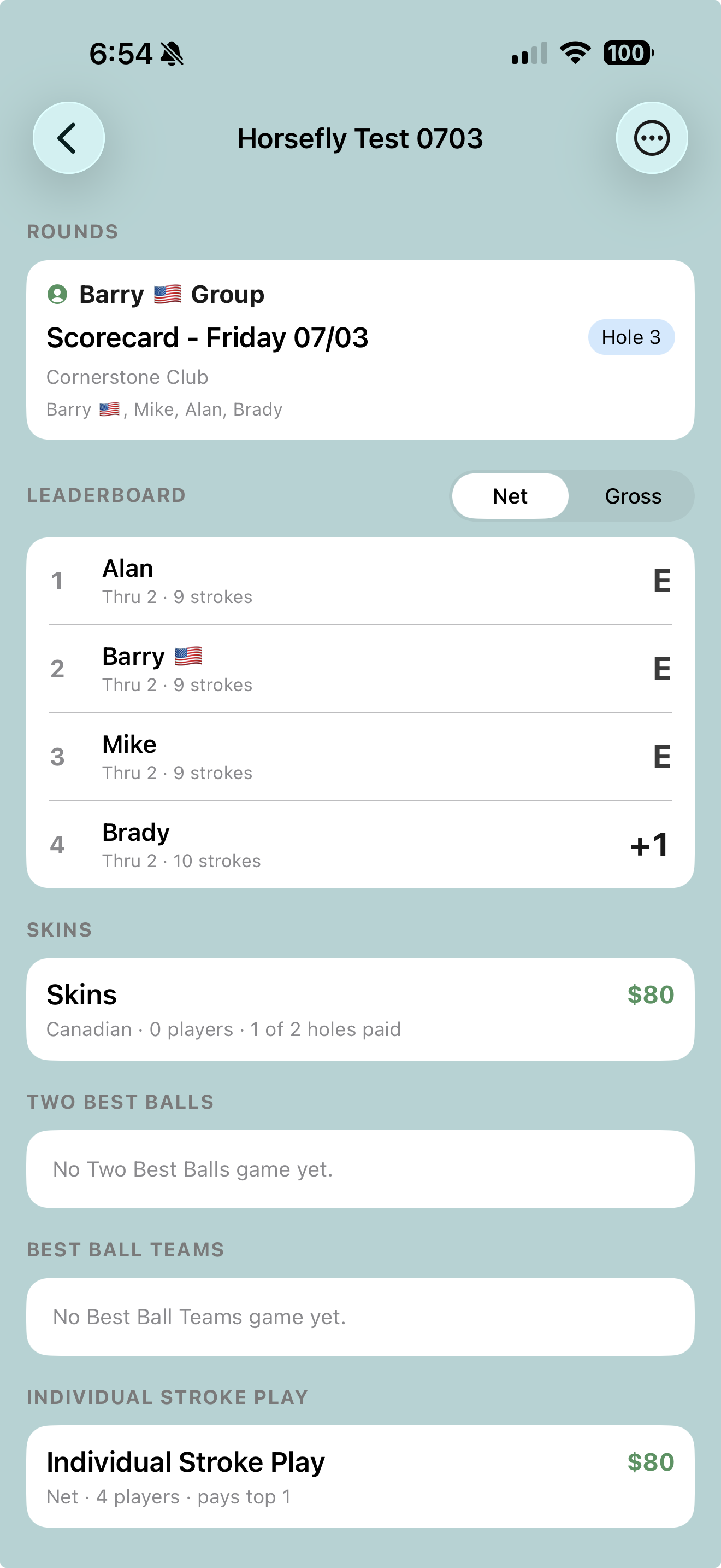 The tournament view: rounds, leaderboard, skins, and stroke play