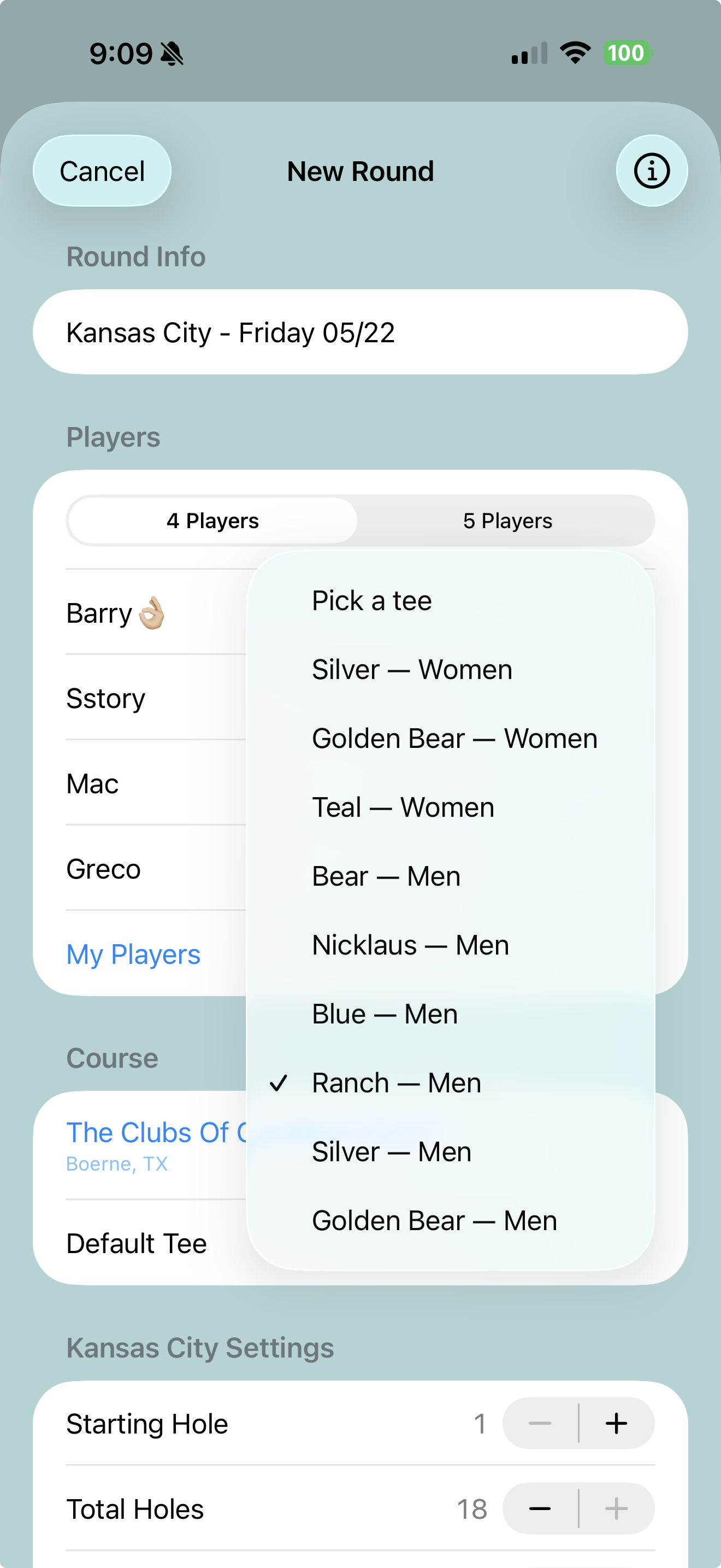 Tee picker dropdown