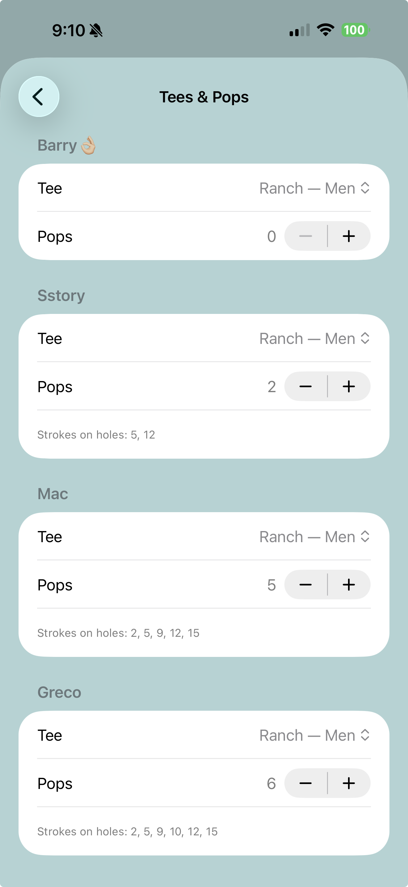 Per-player tees and pops