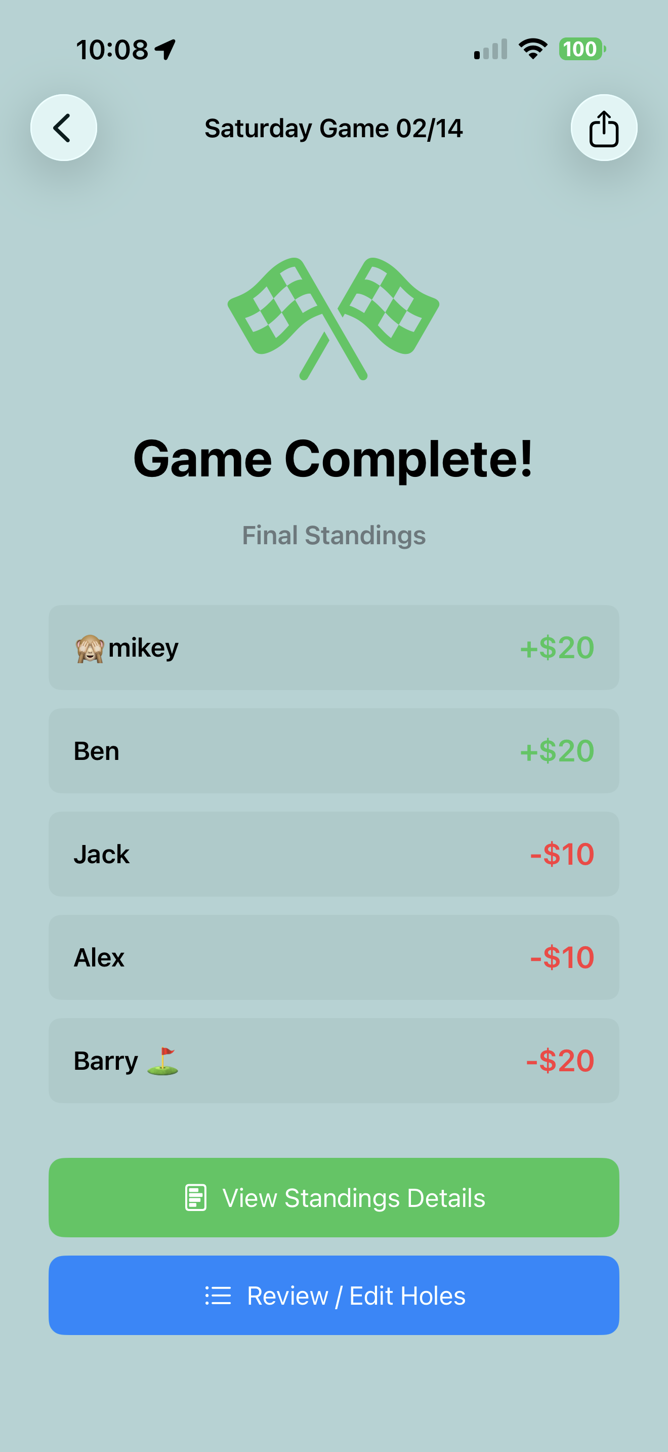 Game complete standings