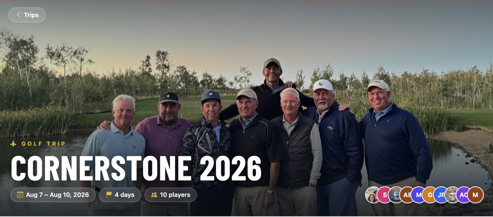 A golf trip's home page in SuperWolf — cover photo, dates and roster